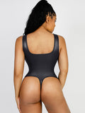 Gold Print Faux Leather Square Neck Bodysuit with Tummy Control & Open Crotch