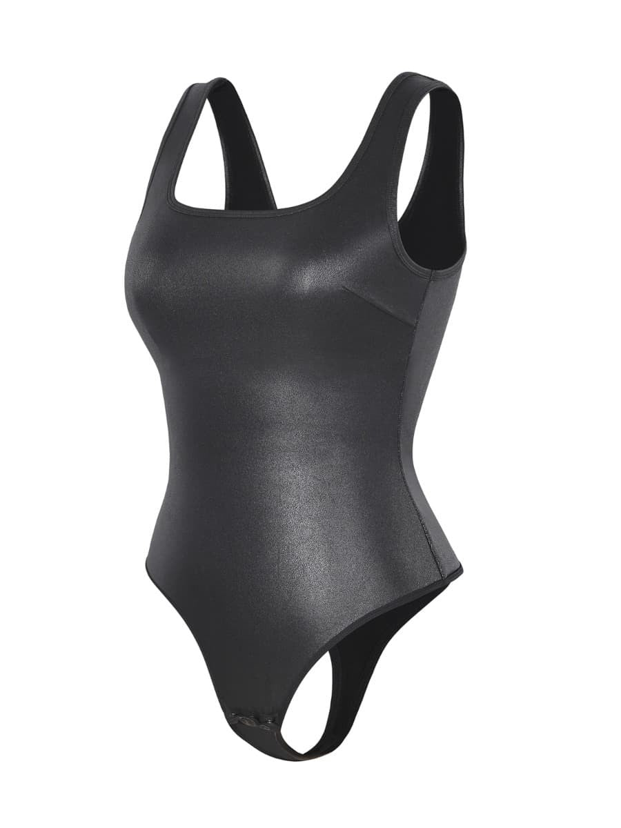 Gold Print Faux Leather Square Neck Bodysuit with Tummy Control & Open Crotch