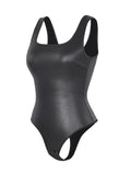 Gold Print Faux Leather Square Neck Bodysuit with Tummy Control & Open Crotch