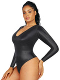 old Print Faux Leather Deep V-Neck Bodysuit with Tummy Control