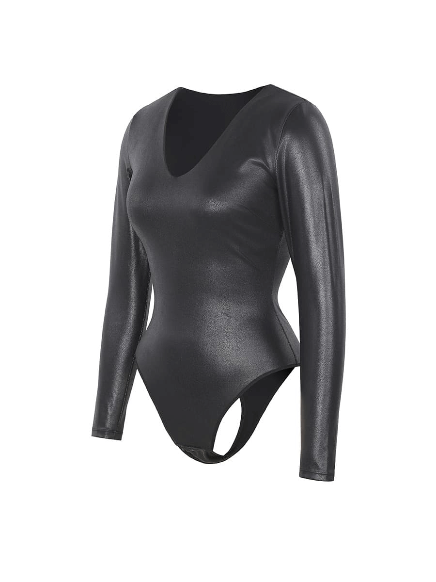 old Print Faux Leather Deep V-Neck Bodysuit with Tummy Control