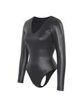 old Print Faux Leather Deep V-Neck Bodysuit with Tummy Control