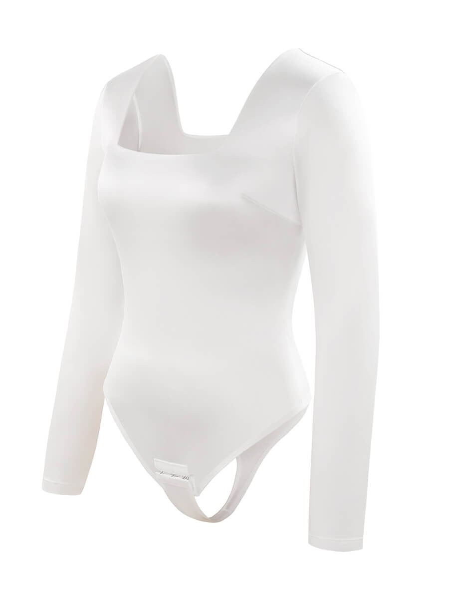 Sculpting Square Neck Long Sleeve Thong Bodysuit with Open Crotch – Waist Slimming Shapewear