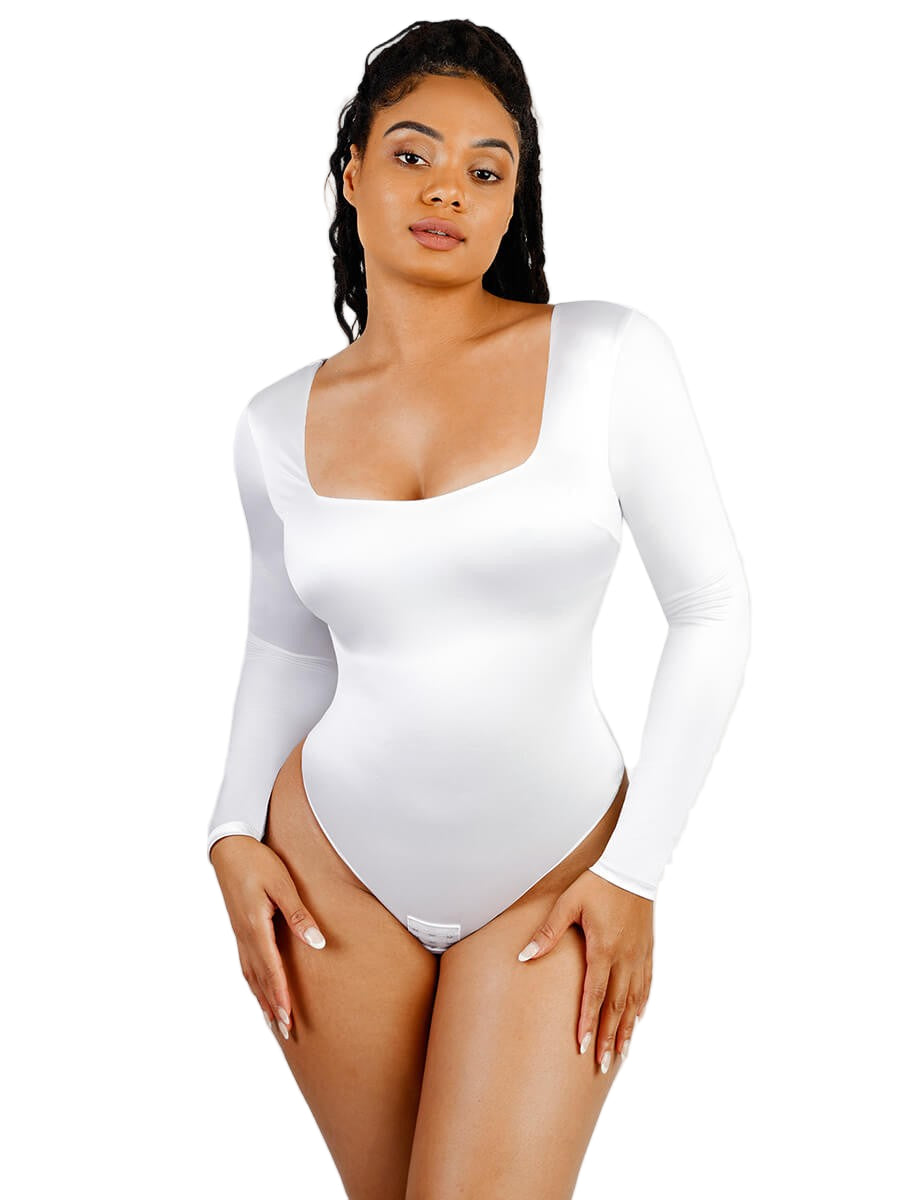 Sculpting Square Neck Long Sleeve Thong Bodysuit with Open Crotch – Waist Slimming Shapewear