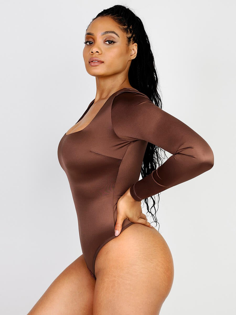 Sculpting Square Neck Long Sleeve Thong Bodysuit with Open Crotch – Waist Slimming Shapewear