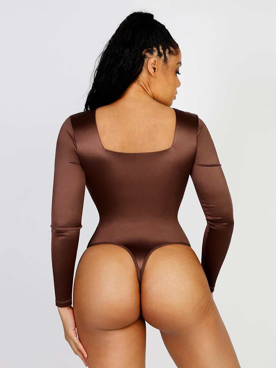 Sculpting Square Neck Long Sleeve Thong Bodysuit with Open Crotch – Waist Slimming Shapewear