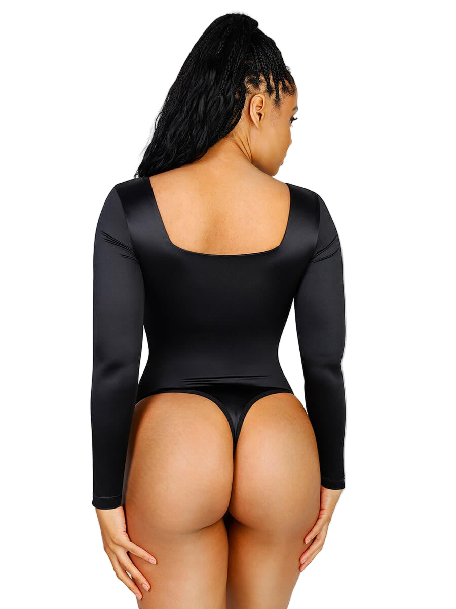 Sculpting Square Neck Long Sleeve Thong Bodysuit with Open Crotch – Waist Slimming Shapewear