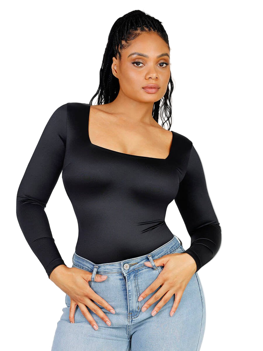 Sculpting Square Neck Long Sleeve Thong Bodysuit with Open Crotch – Waist Slimming Shapewear