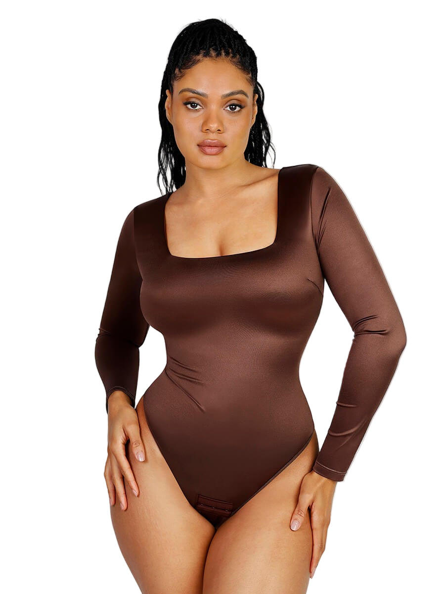 Sculpting Square Neck Long Sleeve Thong Bodysuit with Open Crotch – Waist Slimming Shapewear