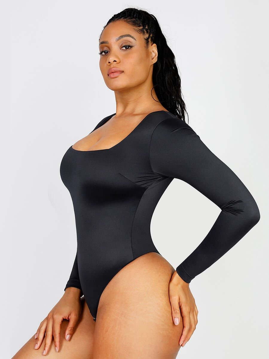 Sculpting Square Neck Long Sleeve Thong Bodysuit with Open Crotch – Waist Slimming Shapewear