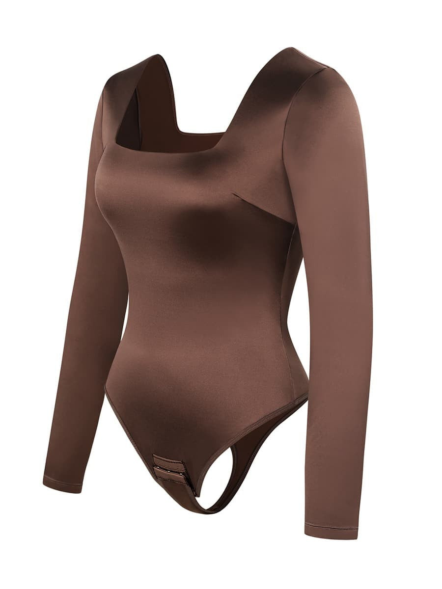 Sculpting Square Neck Long Sleeve Thong Bodysuit with Open Crotch – Waist Slimming Shapewear