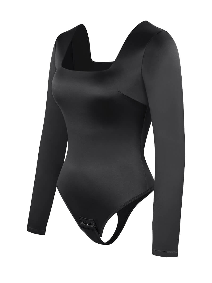 Sculpting Square Neck Long Sleeve Thong Bodysuit with Open Crotch – Waist Slimming Shapewear