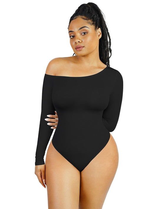 Woman wearing a black off-shoulder bodysuit on a white background