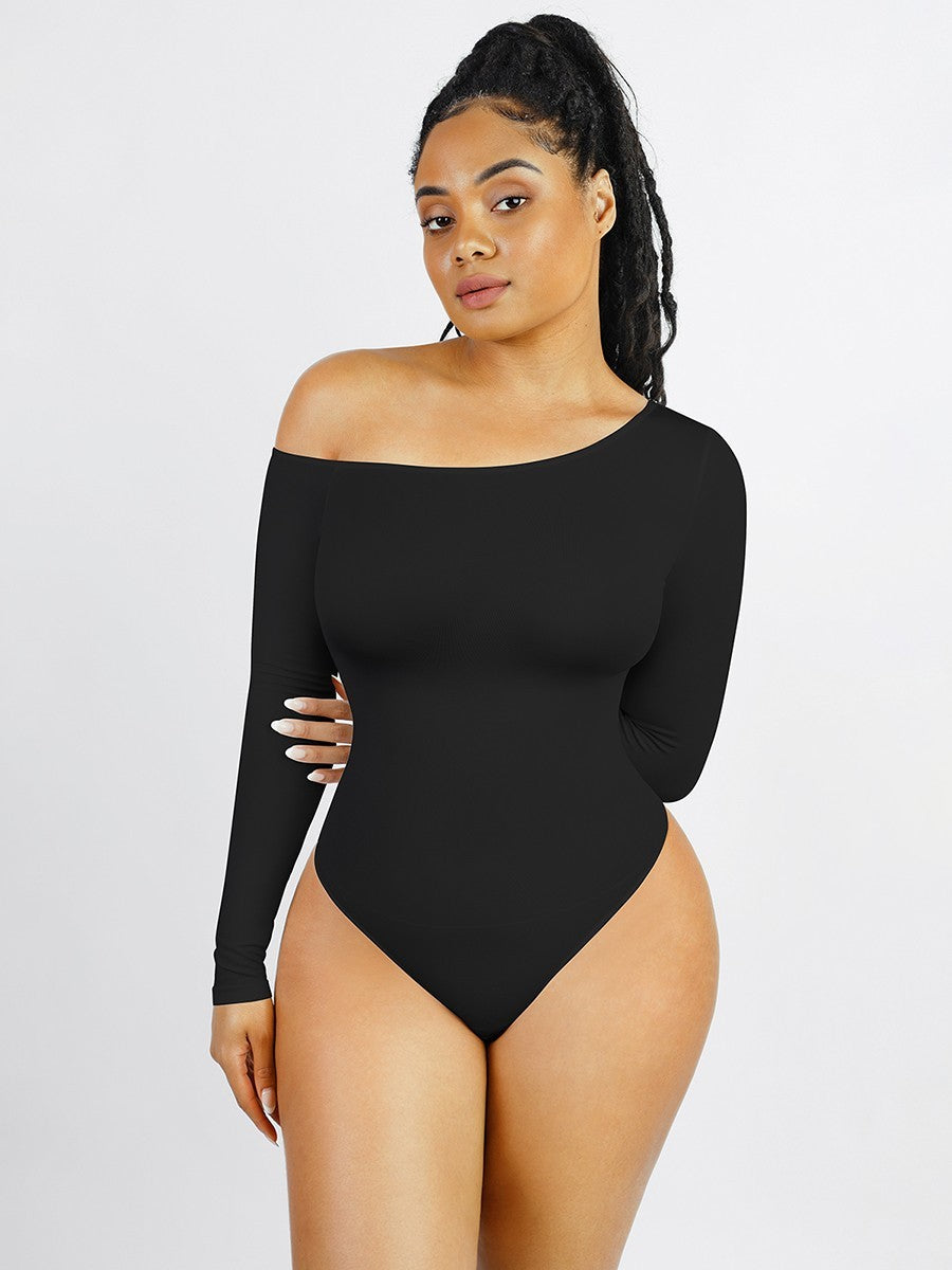 Seamless Diagonal Neck Long Sleeve Waist Trimming Thong Bodysuit – Women’s Sculpting Shapewear