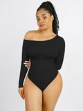 Seamless Diagonal Neck Long Sleeve Waist Trimming Thong Bodysuit – Women’s Sculpting Shapewear
