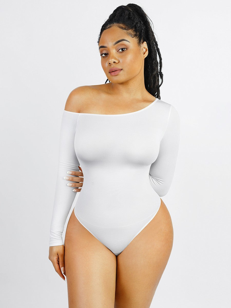 Seamless Diagonal Neck Long Sleeve Waist Trimming Thong Bodysuit – Women’s Sculpting Shapewear