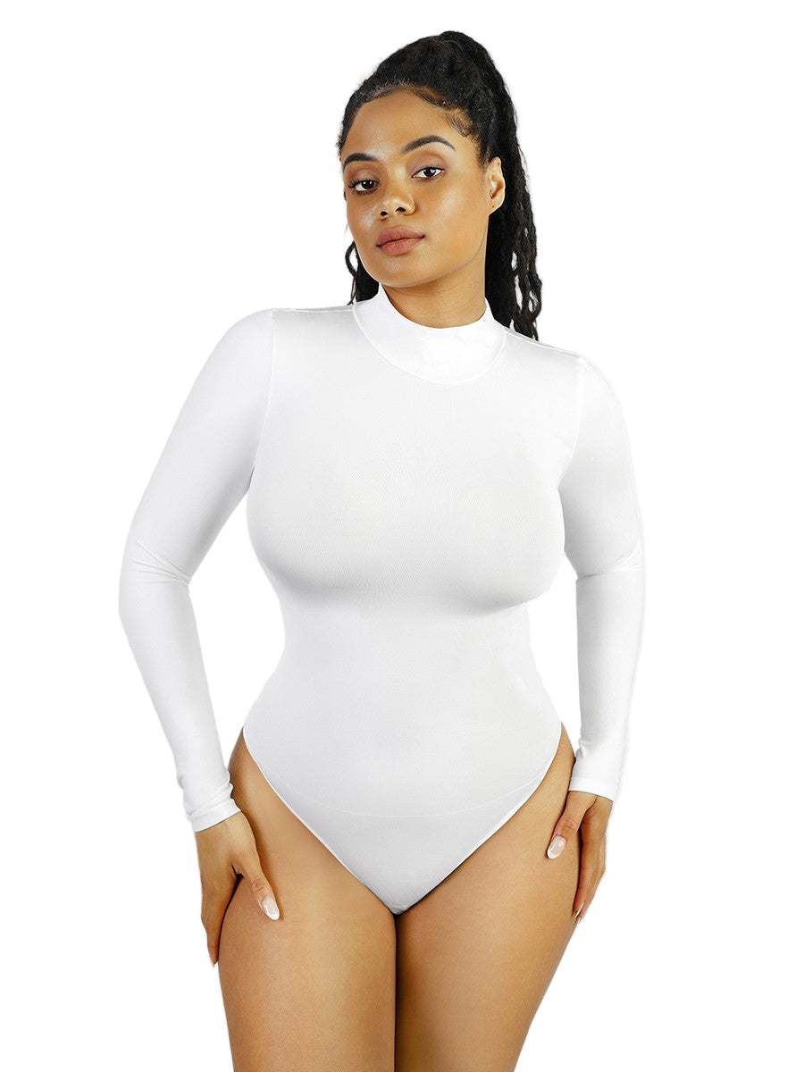Seamless Recycled Fabric Turtleneck Long Sleeve Thong Bodysuit | Eco-Friendly Slim Fit