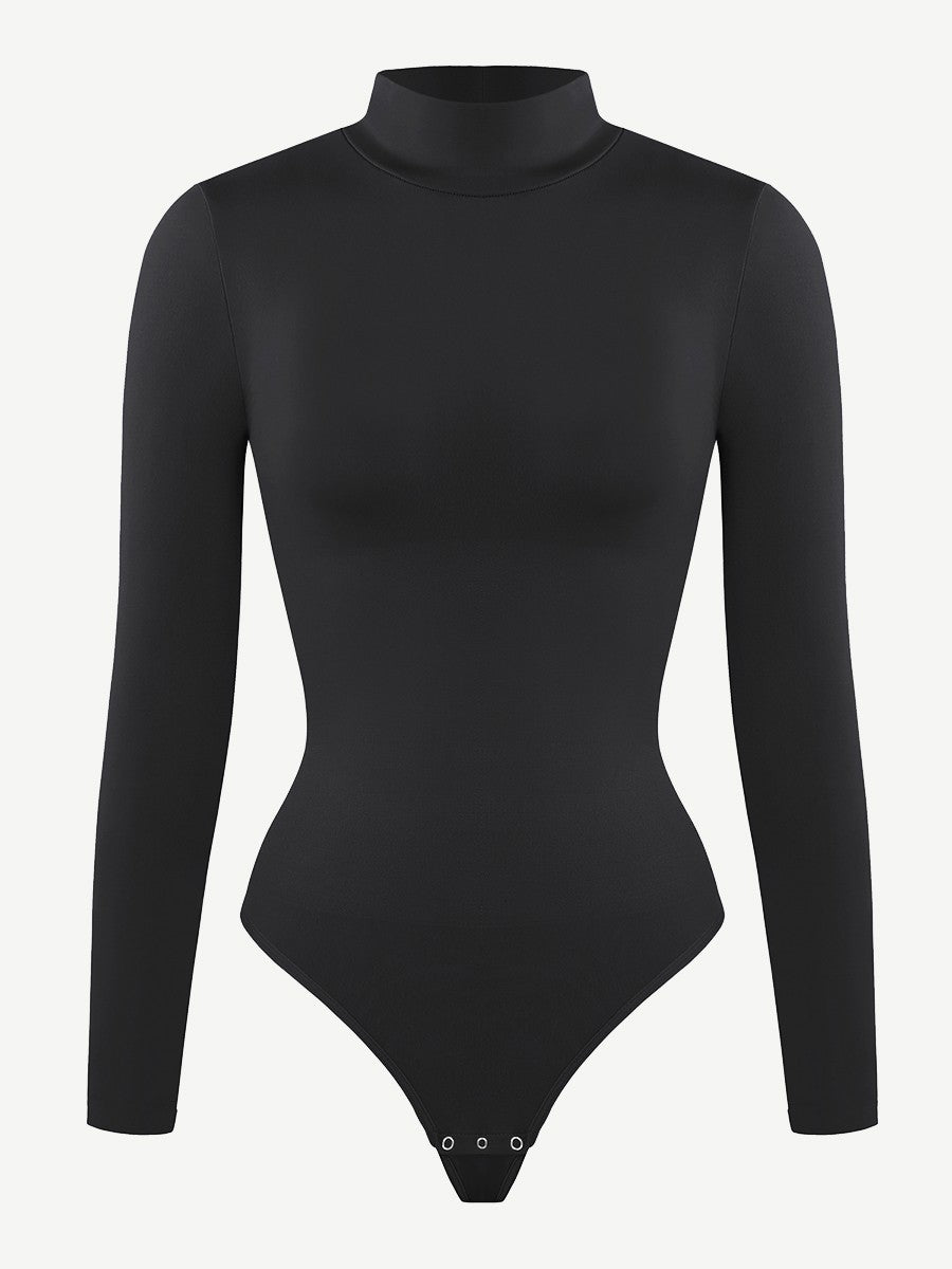 Seamless Recycled Fabric Turtleneck Long Sleeve Thong Bodysuit | Eco-Friendly Slim Fit