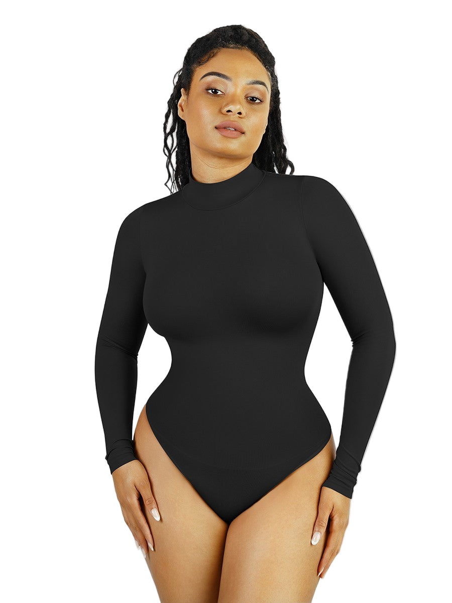 Seamless Recycled Fabric Turtleneck Long Sleeve Thong Bodysuit | Eco-Friendly Slim Fit