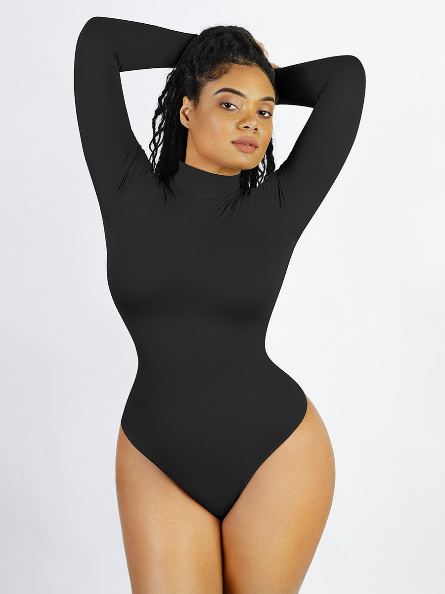 Seamless Recycled Fabric Turtleneck Long Sleeve Thong Bodysuit | Eco-Friendly Slim Fit