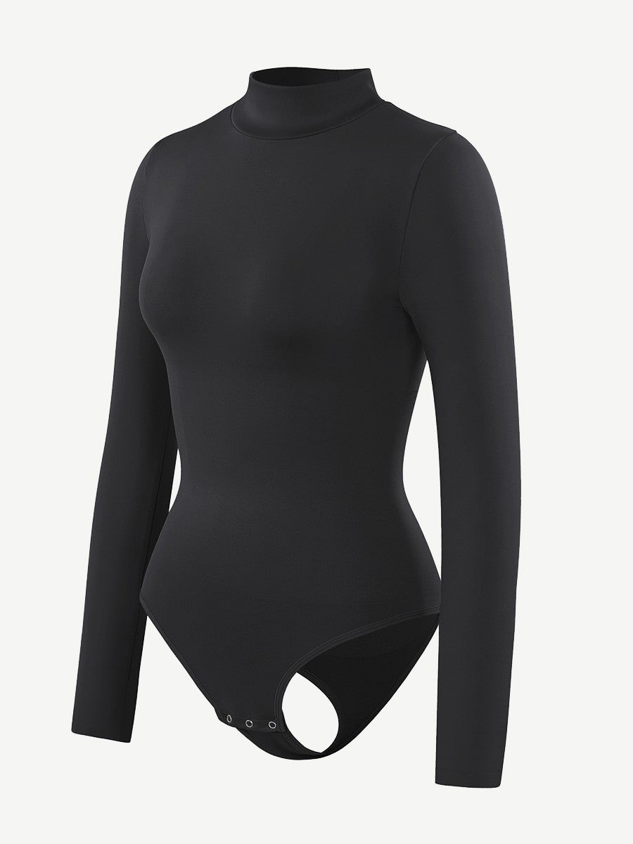 Seamless Recycled Fabric Turtleneck Long Sleeve Thong Bodysuit | Eco-Friendly Slim Fit