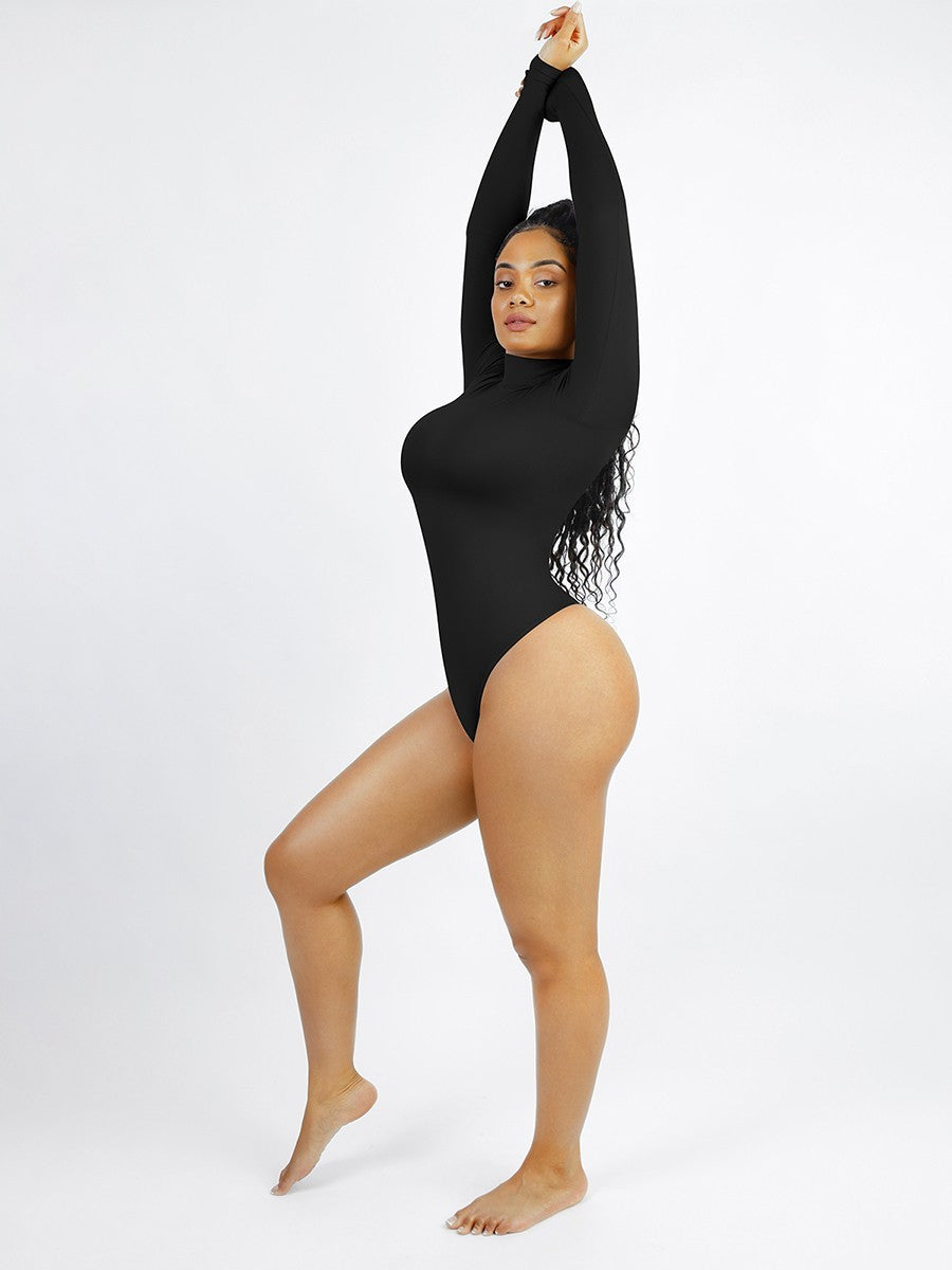 Seamless Recycled Fabric Turtleneck Long Sleeve Thong Bodysuit | Eco-Friendly Slim Fit