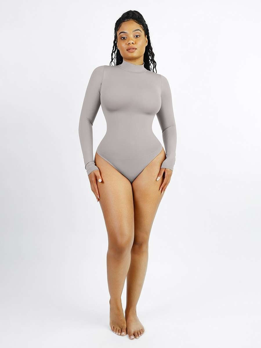 Seamless Recycled Fabric Turtleneck Long Sleeve Thong Bodysuit | Eco-Friendly Slim Fit