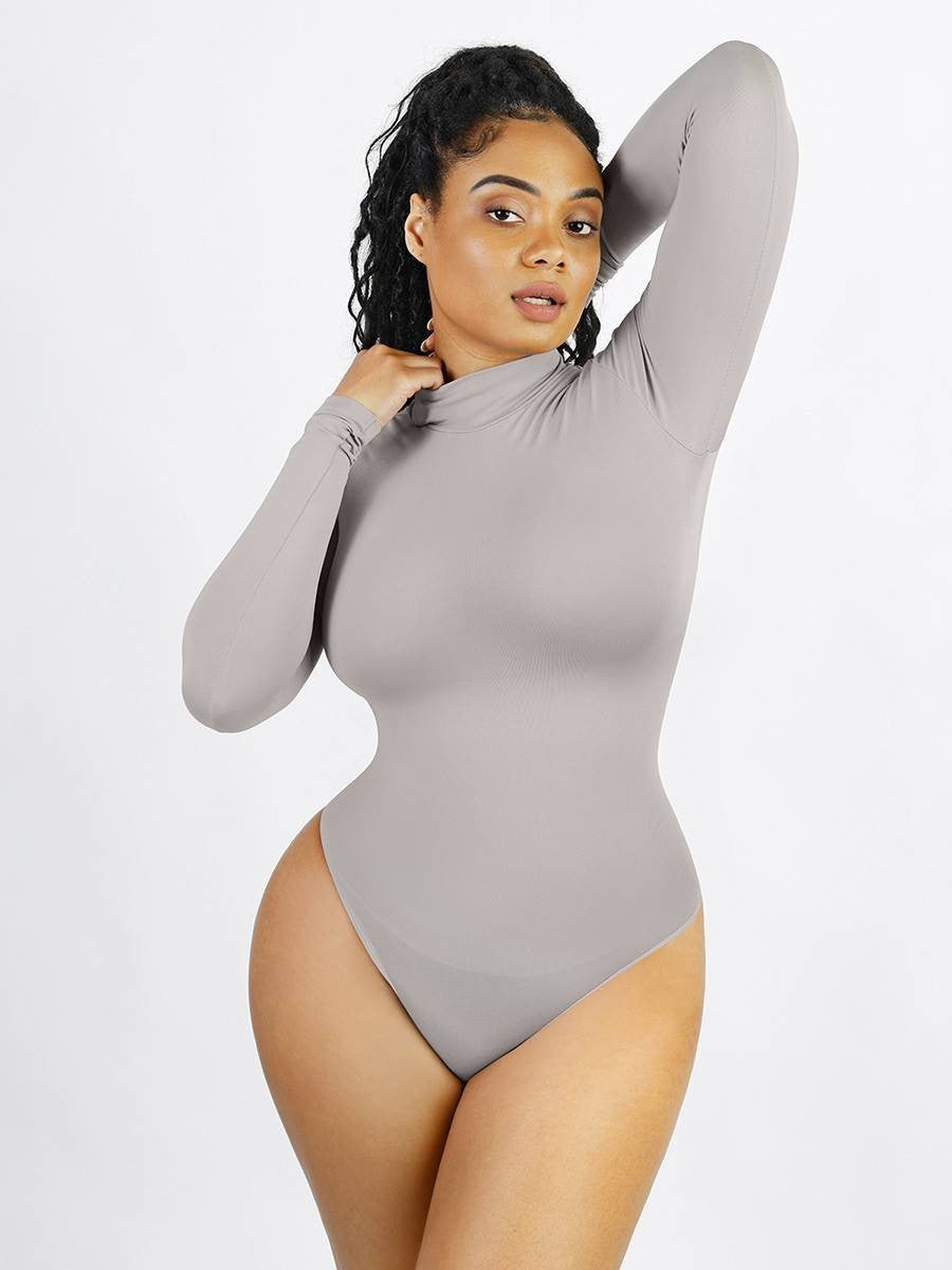 Seamless Recycled Fabric Turtleneck Long Sleeve Thong Bodysuit | Eco-Friendly Slim Fit