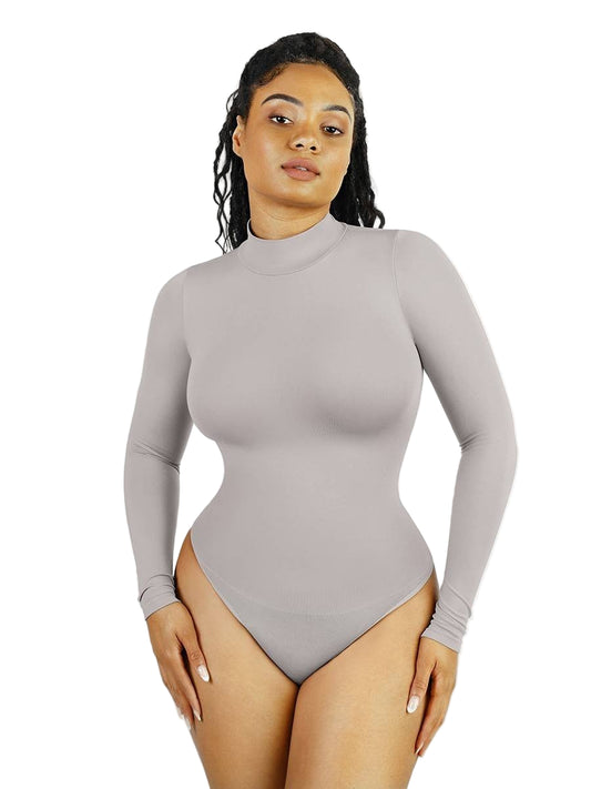 Seamless Recycled Fabric Turtleneck Long Sleeve Thong Bodysuit | Eco-Friendly Slim Fit