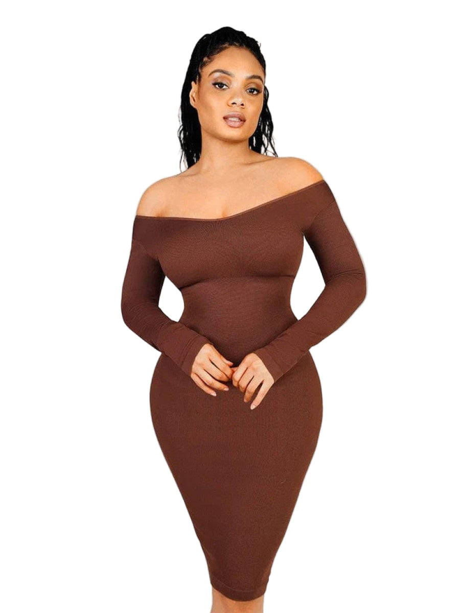New Brown V-Neck Seamless Screw Thread Fabric Body Shaper Dress