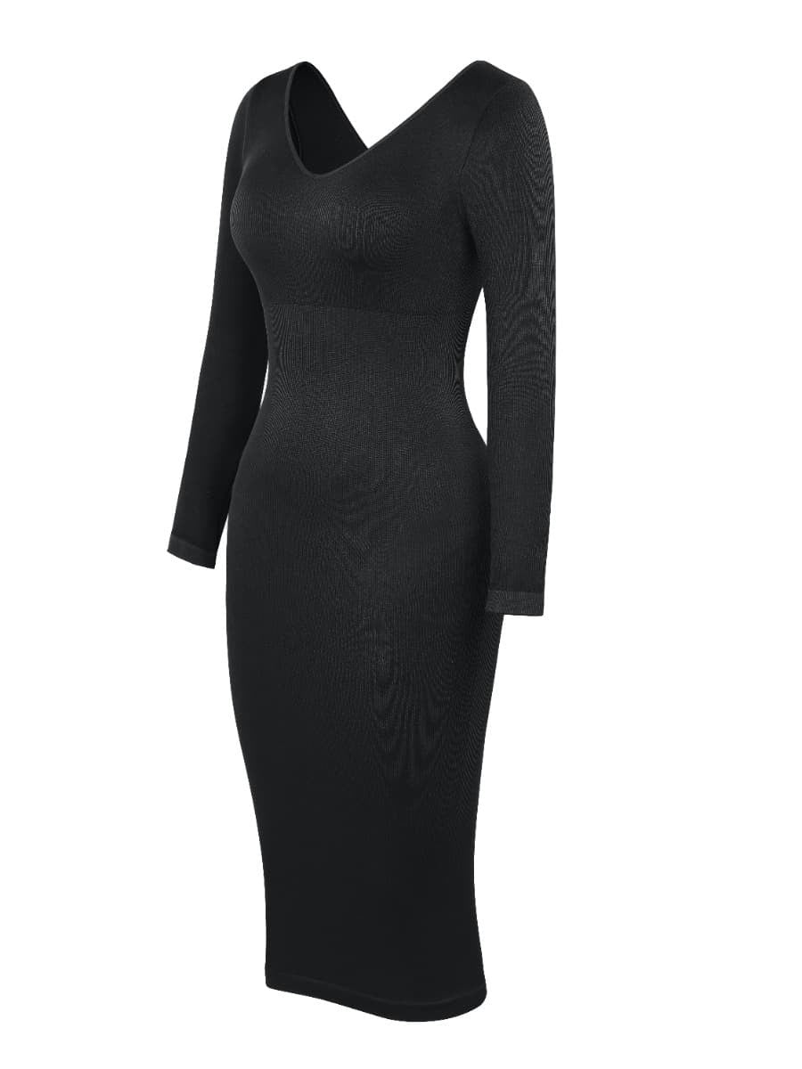 New Brown V-Neck Seamless Screw Thread Fabric Body Shaper Dress