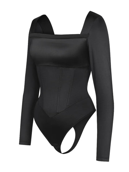 Retro Swing Collar Long Sleeve Bodysuit with Built-in Corset – Waist Shaping & Shoulder Enhancing Shapewear