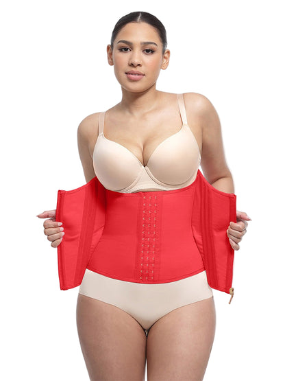 Woman wearing a red waist trainer with beige bra and underwear on a white background