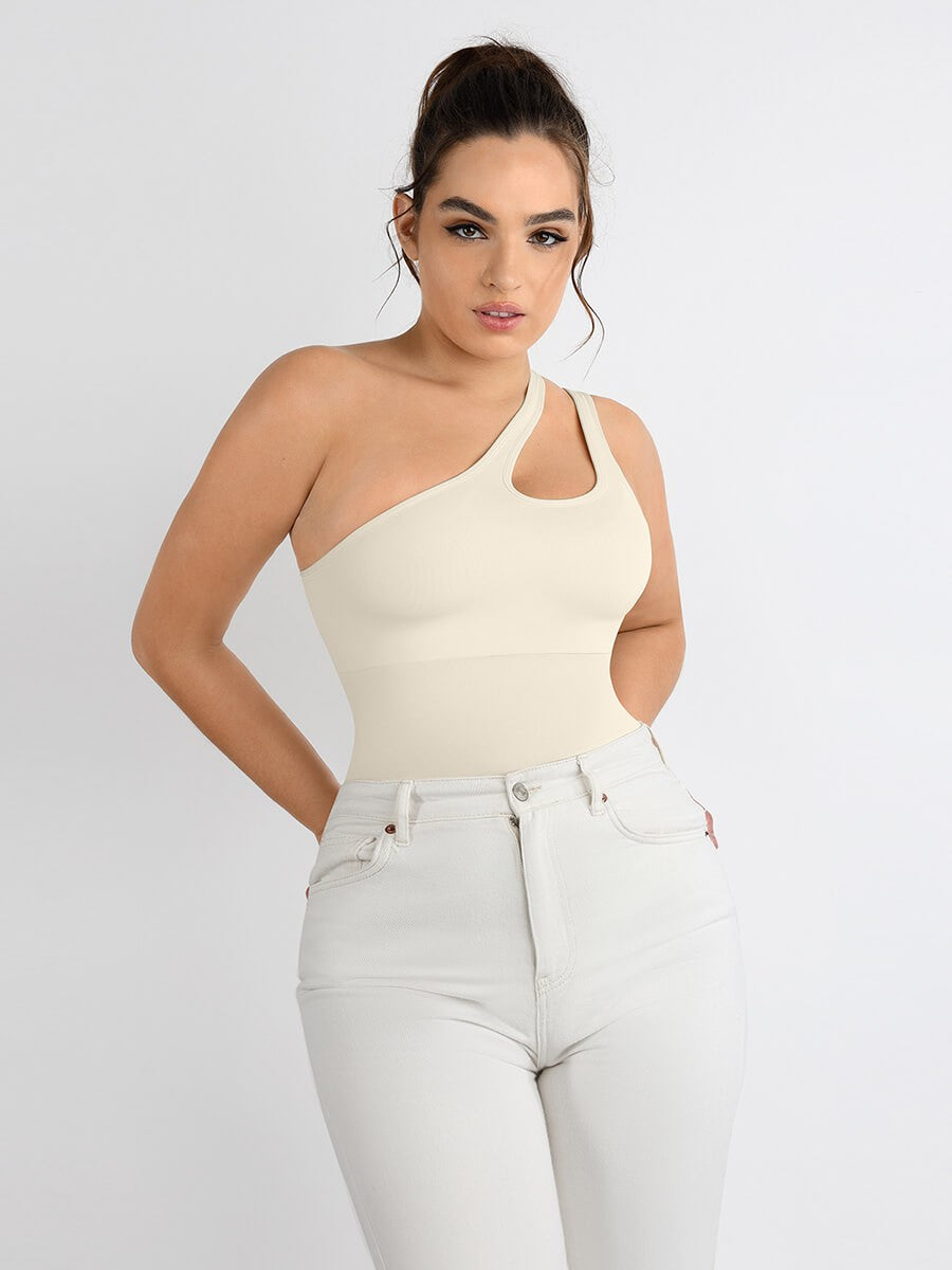 Fashion Seamless One-Shoulder Cut Out Waist Shapewear Bodysuit | Chest Support & T-String Design