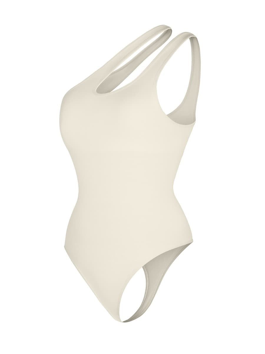 Fashion Seamless One-Shoulder Cut Out Waist Shapewear Bodysuit | Chest Support & T-String Design
