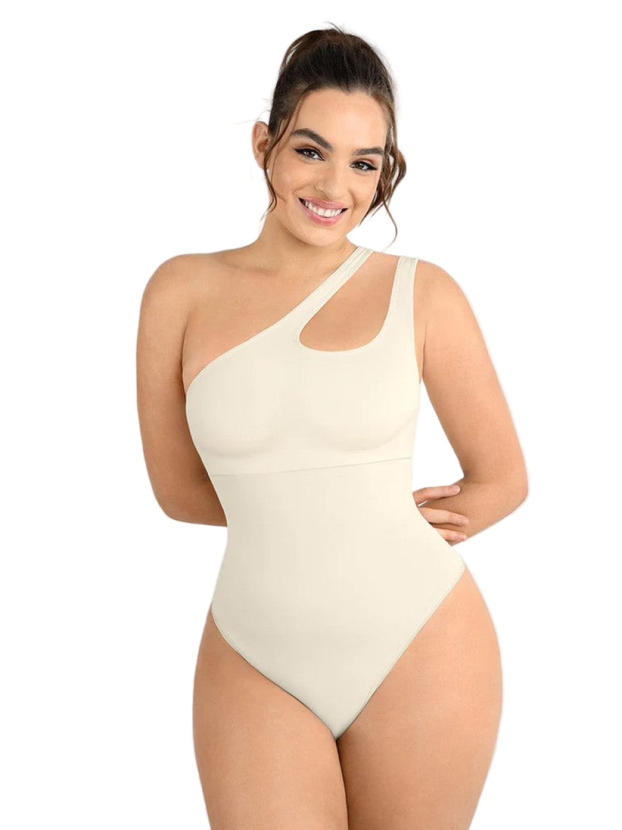 Fashion Seamless One-Shoulder Cut Out Waist Shapewear Bodysuit | Chest Support & T-String Design