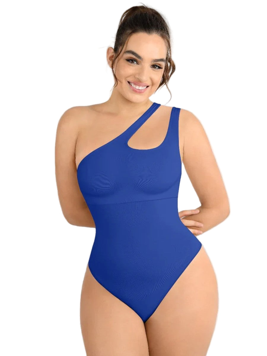 Fashion Seamless One-Shoulder Cut Out Waist Shapewear Bodysuit | Chest Support & T-String Design