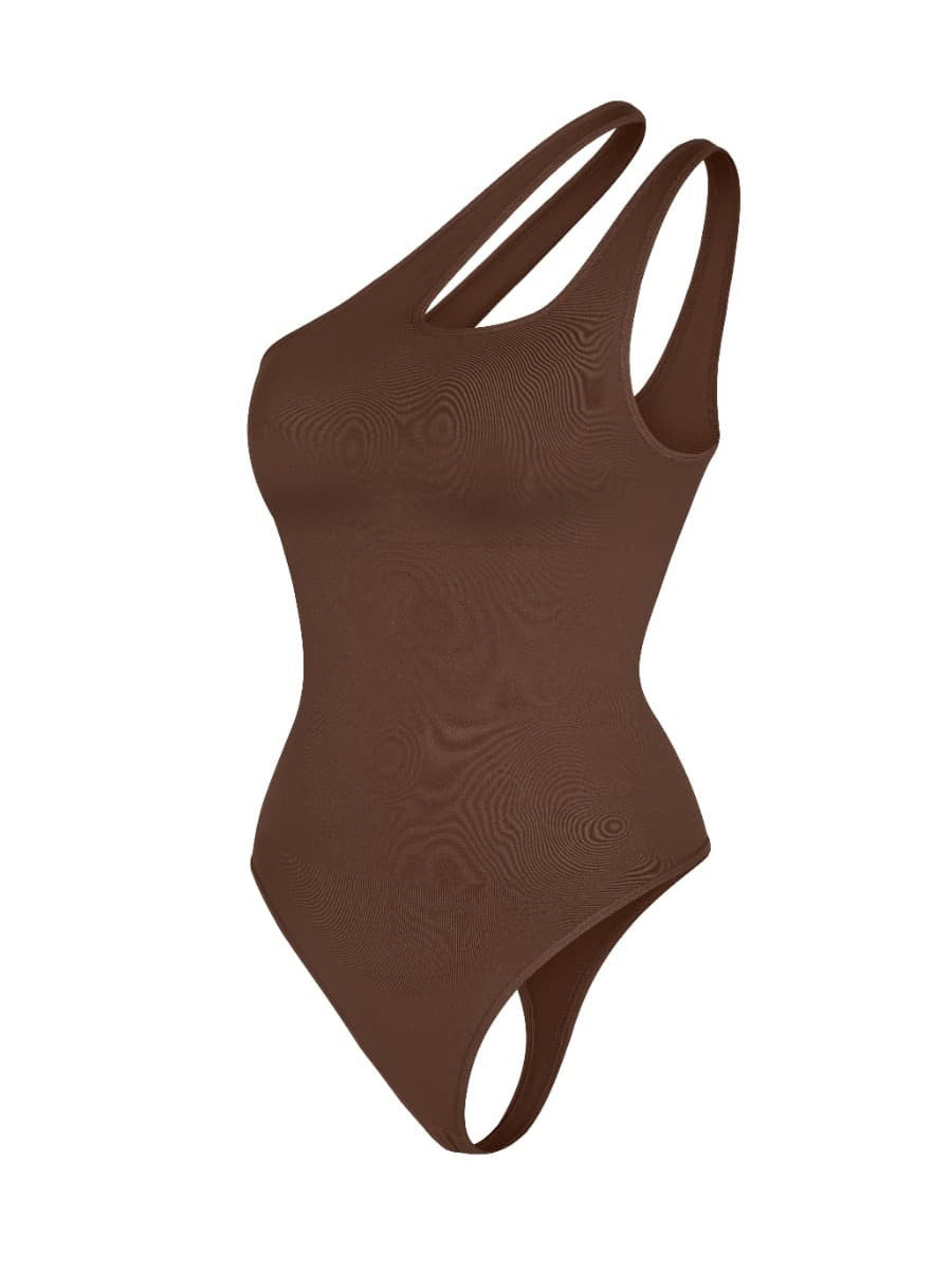Fashion Seamless One-Shoulder Cut Out Waist Shapewear Bodysuit | Chest Support & T-String Design
