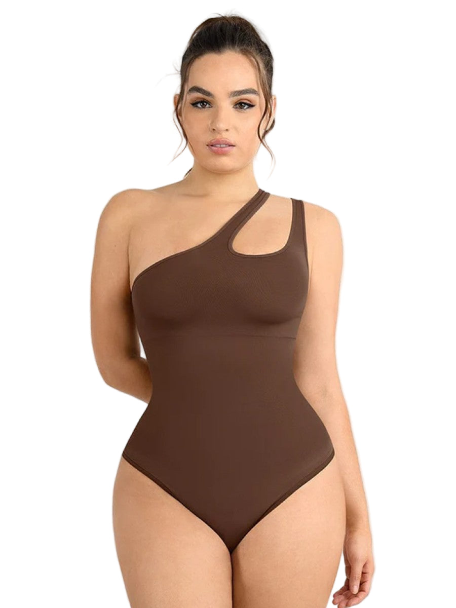 Fashion Seamless One-Shoulder Cut Out Waist Shapewear Bodysuit | Chest Support & T-String Design