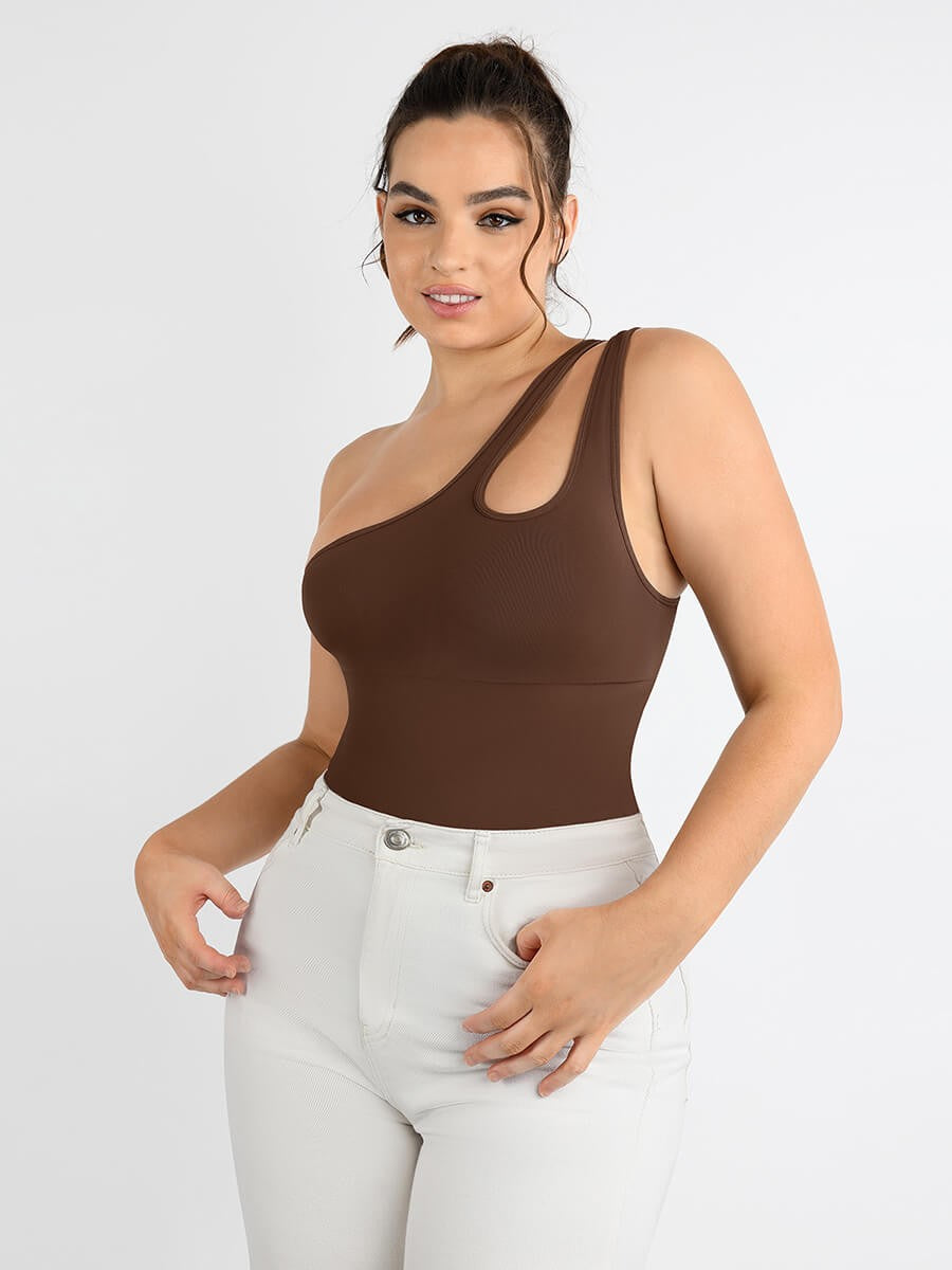 Fashion Seamless One-Shoulder Cut Out Waist Shapewear Bodysuit | Chest Support & T-String Design
