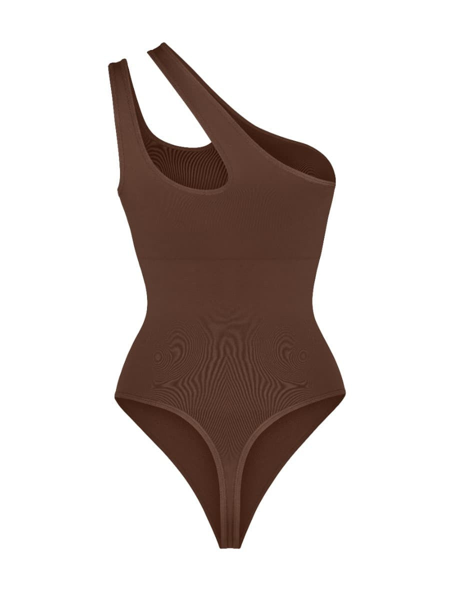 Fashion Seamless One-Shoulder Cut Out Waist Shapewear Bodysuit | Chest Support & T-String Design