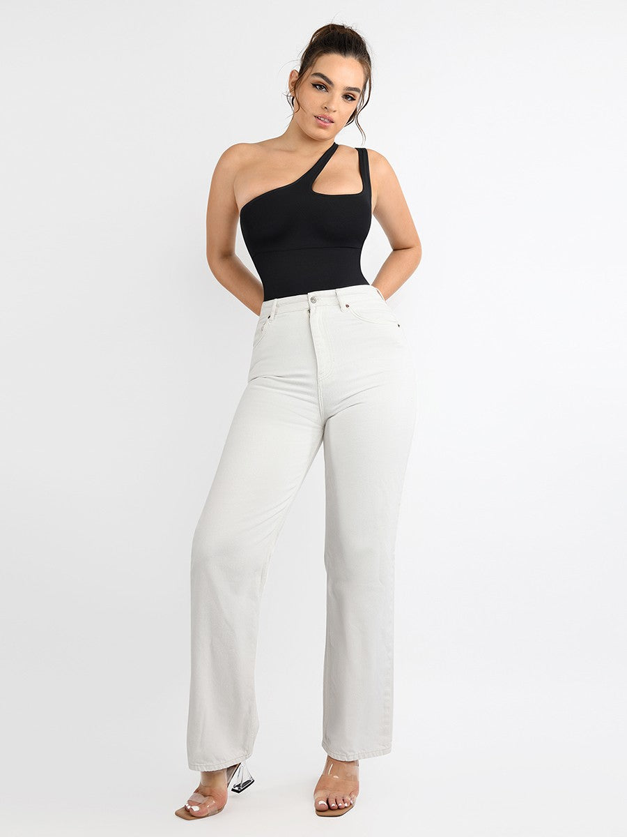 Fashion Seamless One-Shoulder Cut Out Waist Shapewear Bodysuit | Chest Support & T-String Design