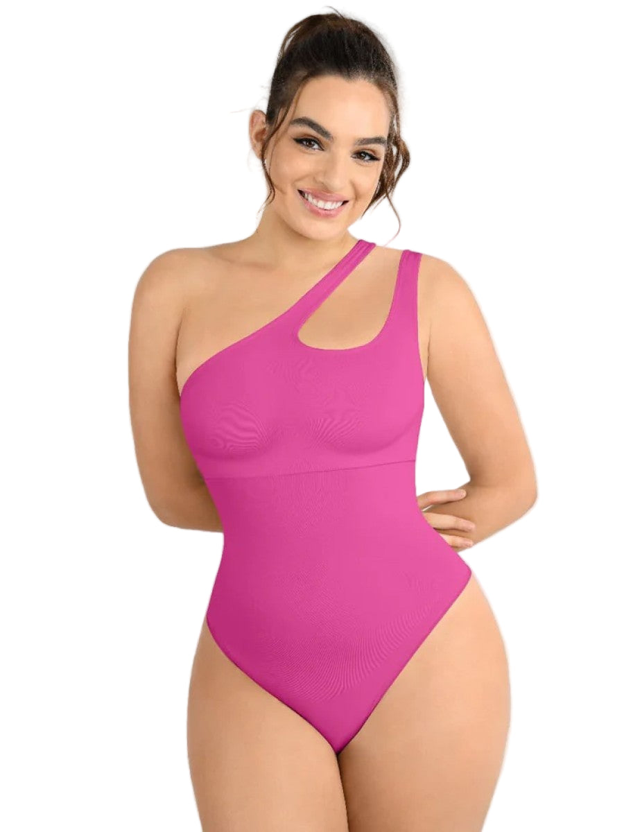 Fashion Seamless One-Shoulder Cut Out Waist Shapewear Bodysuit | Chest Support & T-String Design