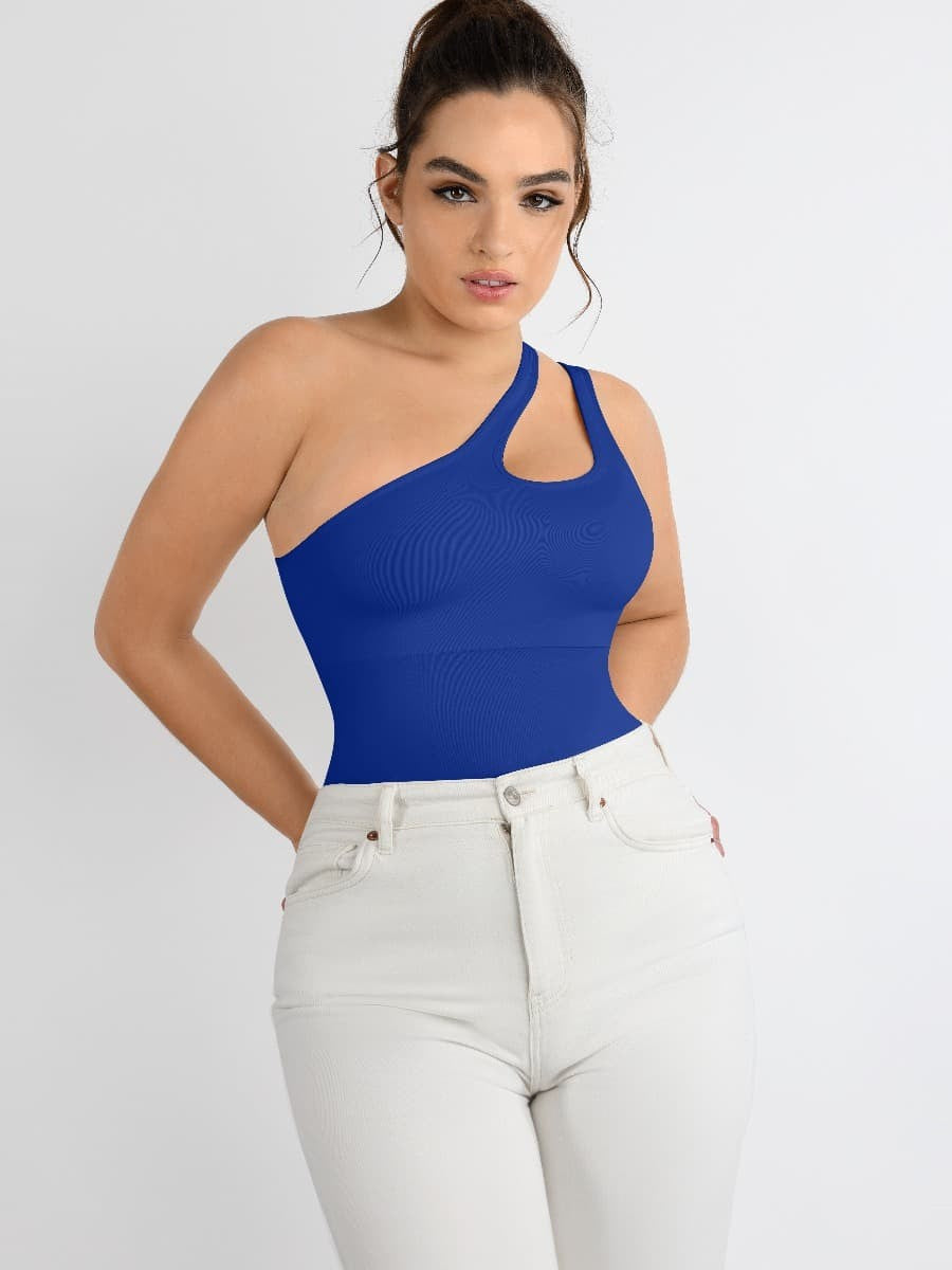 Fashion Seamless One-Shoulder Cut Out Waist Shapewear Bodysuit | Chest Support & T-String Design