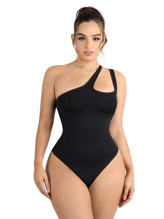 Fashion Seamless One-Shoulder Cut Out Waist Shapewear Bodysuit | Chest Support & T-String Design