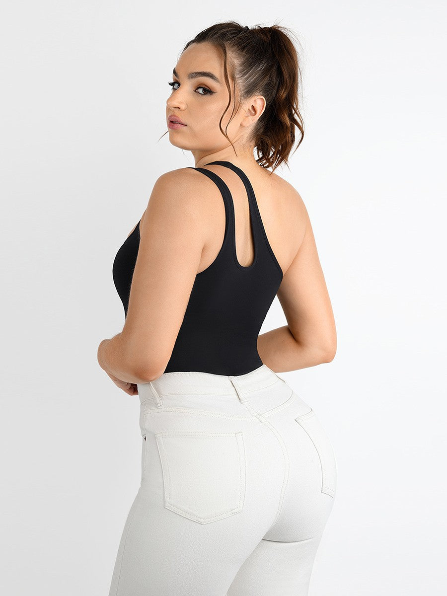 Fashion Seamless One-Shoulder Cut Out Waist Shapewear Bodysuit | Chest Support & T-String Design