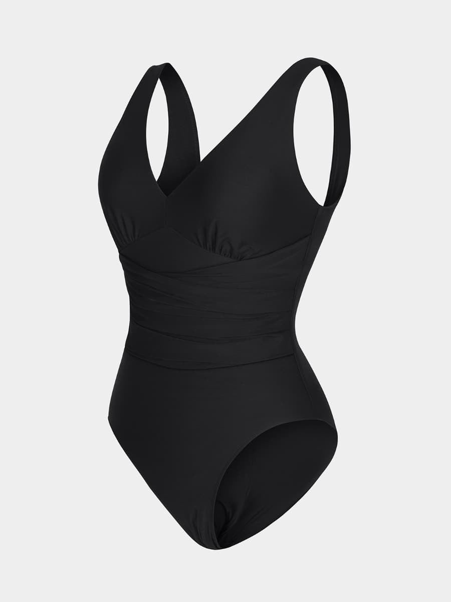 Deep V-Neck Pleated One-Piece Swimsuit – Tummy Control & Detachable Cups