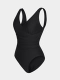 Deep V-Neck Pleated One-Piece Swimsuit – Tummy Control & Detachable Cups