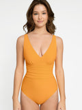 Deep V-Neck Pleated One-Piece Swimsuit – Tummy Control & Detachable Cups