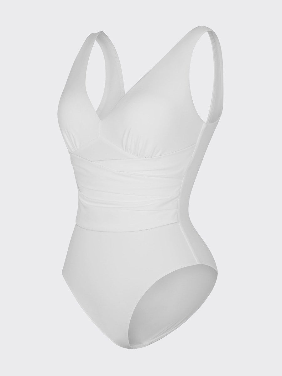 Deep V-Neck Pleated One-Piece Swimsuit – Tummy Control & Detachable Cups